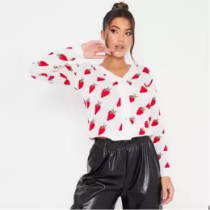 Image of I Saw It First Strawberry Print Crop Knit Cardigan - White