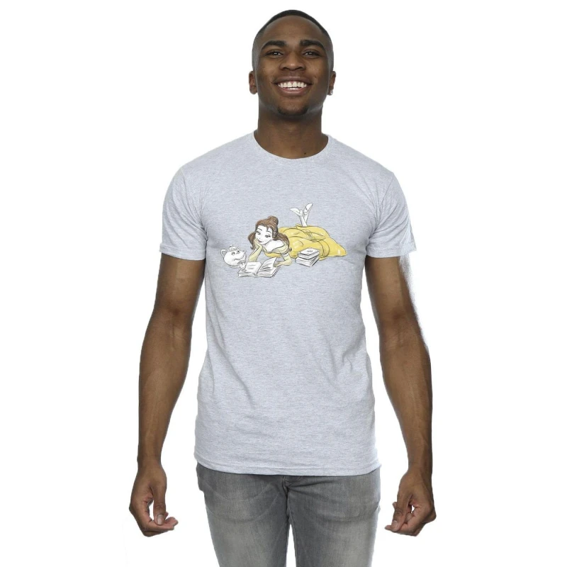 Image of Disney Men Beauty And The Beast Belle Reading T-Shirt in Grey Size: Small Grey S Male 5063153494305