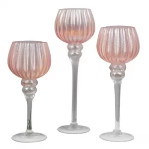 Image of Set of 3 Pearlised Pink Glass Goblet Style Candle Holders