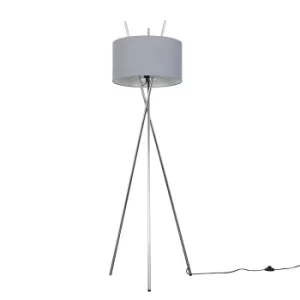 Image of Crawford Chrome Tripod Floor Lamp with XL Dark Grey Reni Shade