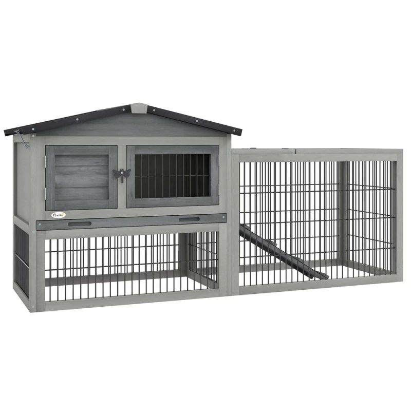 Image of PawHut Wooden Rabbit Hutch w/ Run, Pull-Out Tray - Grey D51-122V01GY