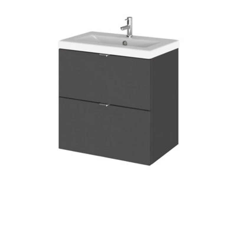 Image of Hudson Reed Fusion Wall Hung 2 Drawer Vanity Unit & Ceramic Basin, Stylish Sink Vanity Unit, Gloss Grey, 500mm