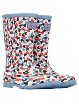 Image of Joules Girls Hearts Roll Up Wellington Boots - White, Size 9 Younger