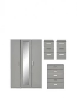 Image of Sanford Part Assembled High Gloss 4 Piece Package - 3 Door Mirrored Wardrobe, Chest Of 5 Drawers And 2 Bedside Chests