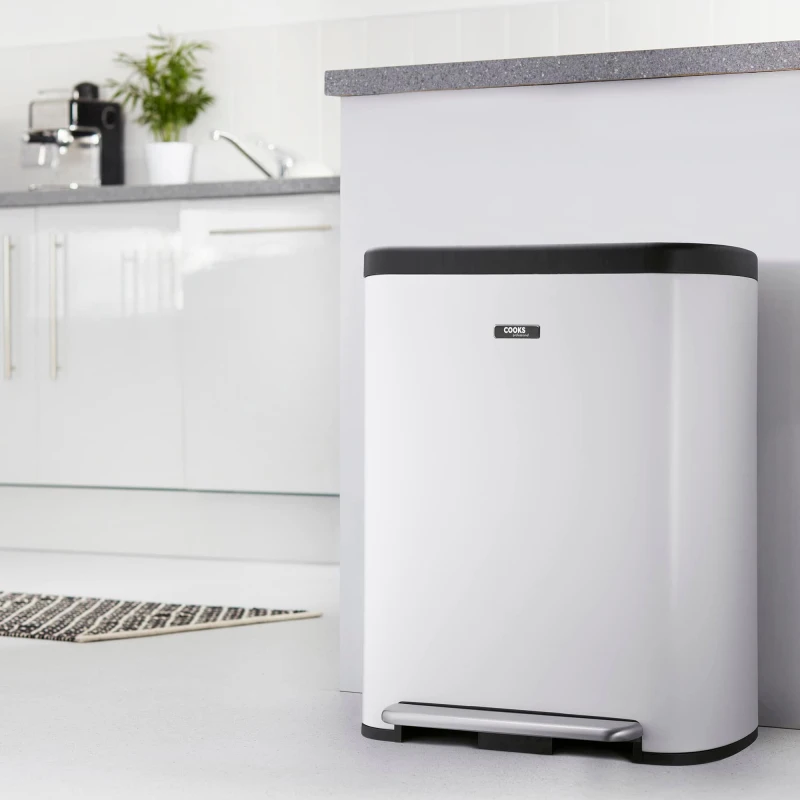 Image of Cooks Professional Dual Compartment Bin 60L with Single Pedal & Soft Close Lid in White White Unisex
