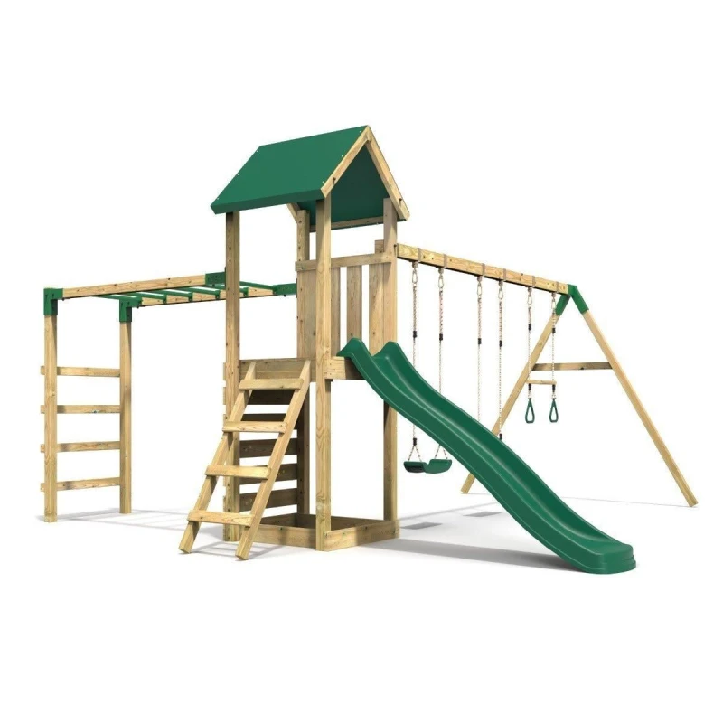 Image of Rebo Wooden Climbing Frame with Triple Swing, Monkey Bars and Slide - Pelion Green Green