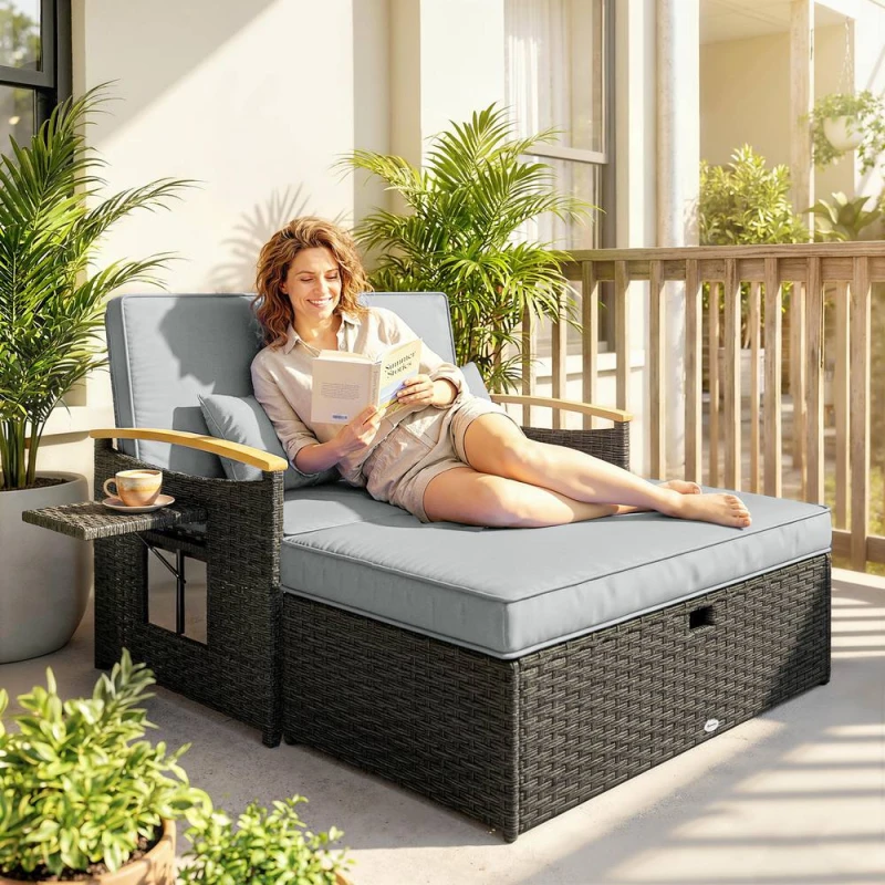 Image of OUTSUNNY Double Garden Rattan Daybed with Storage Ottoman, Dark Grey Size: 120cm x 70cm Dark Grey Unisex 120cm x 70 cm