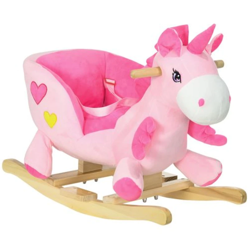 Image of HOMCOM Rocking Horse Plush Ride On Unicorn With Songs, Seat Belt, Pink 330-161V00PK