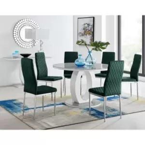 Image of Furniturebox UK - Furniturebox Giovani Grey 120cm Round Dining Table and 6 Green Velvet Milan Dining Chairs With Silver Legs