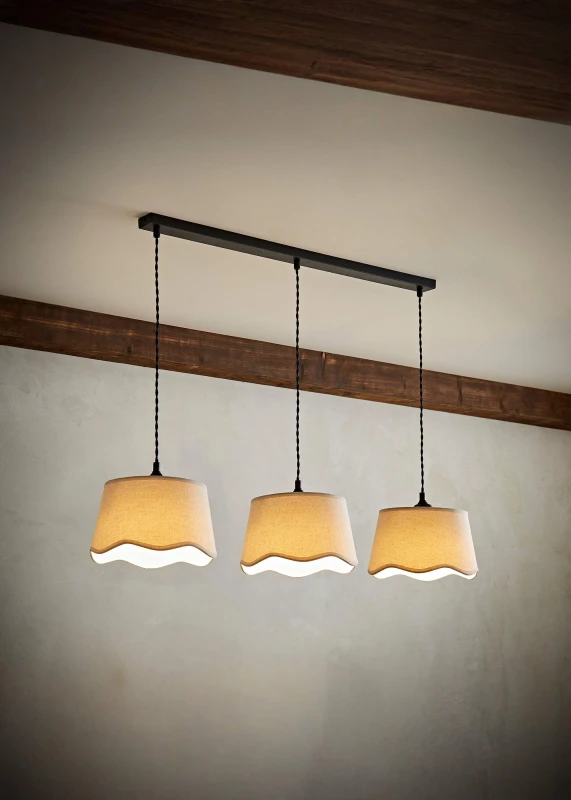Image of ValueLights ValueLights Mabel Natural Linen Scallop 3 Drop Bar Black Diner Ceiling Light Natural One Size Unisex 5059406068003