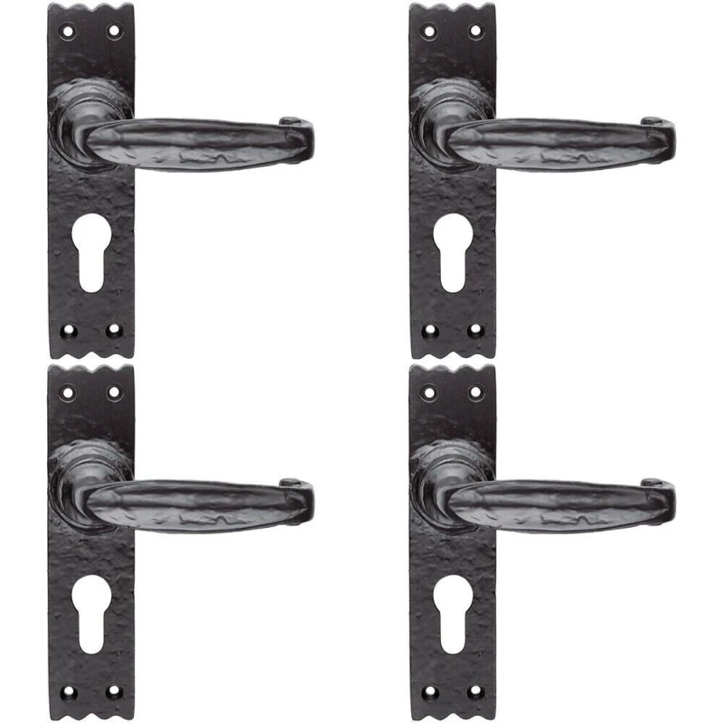 Image of Loops 4x PAIR Creased Style Lever on Slim Euro Lock Backplate 156 x 38mm Black Antique Black
