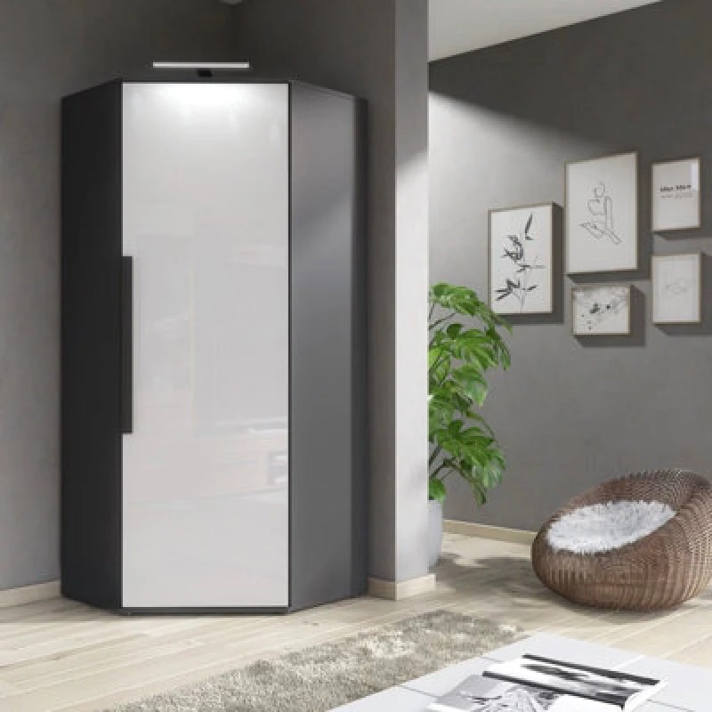Image of Furneo Modern White High Gloss & Matt Graphite Corner Wardrobe Bedroom Closet Storage With LED Light Clifton 14G