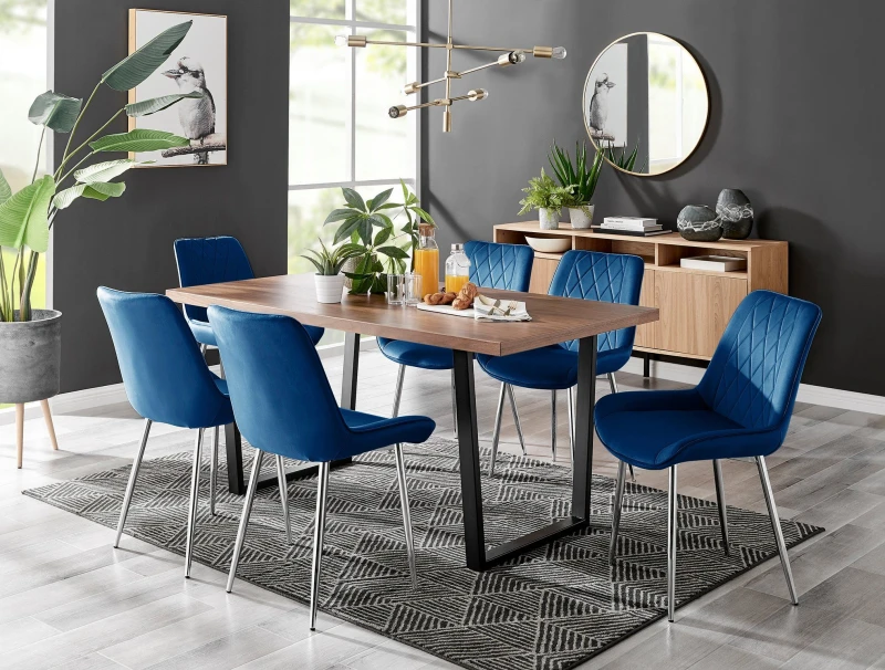 Image of FurnitureboxUK FurnitureboxUK Kylo Large Brown Wood Effect Dining Table & 6 Pesaro Velvet Silver Leg Chairs in Navy Navy One Size Unisex 5056542672156