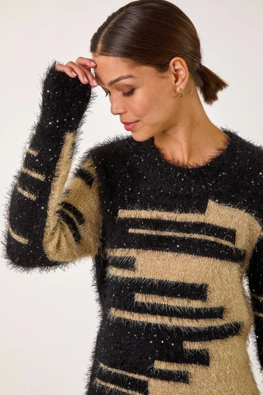 Image of Roman Womens Fluffy Cut Stripe Knit Jumper in Camel Size: 12 Camel Female 12