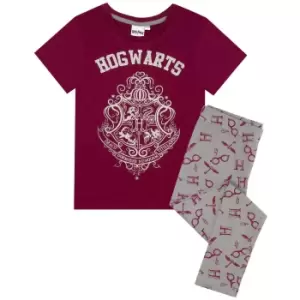 Image of Harry Potter Girls Hogwarts Crest Pyjama Set (5-6 Years) (Maroon/Grey)