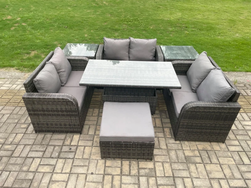 Image of Fimous Rattan Garden Outdoor Furniture 3 PC Love Sofa Set Patio Adjustable Rising lifting Dining Table With 2 Side Tables Big Footstool Dark Grey