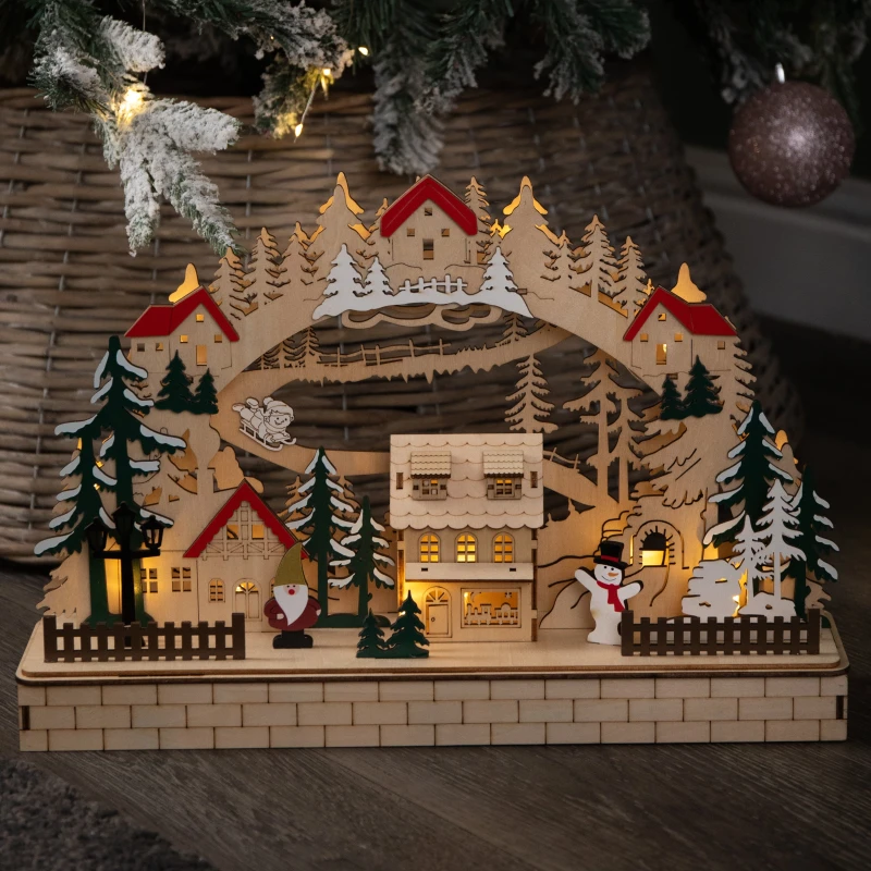 Image of 40cm Battery Operated Wooden Christmas Alpine Scene with LEDs
