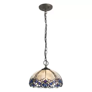 Image of 3 Light Downlight Ceiling Pendant E27 With 30cm Tiffany Shade, Blue, Clear Crystal, Aged Antique Brass - Luminosa Lighting