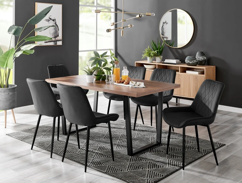 Image of FurnitureboxUK FurnitureboxUK Kylo Large Brown Wood Effect Dining Table & 6 Pesaro Velvet Black Leg Chairs Black One Size Unisex 5056542671999