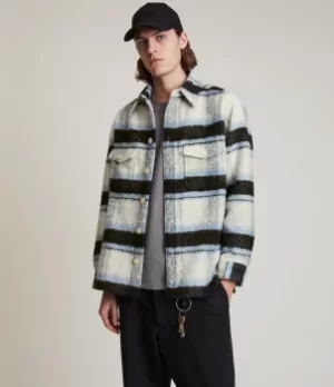 Image of AllSaints Mens Rayado Wool Blend Check Overshirt, Ecru/Blue, Size: S