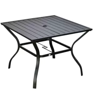 Image of Outsunny Garden Table with Parasol Hole, Outdoor Dining Garden Table for Four, Square Patio Table with Slatted Metal Plate Top, Black