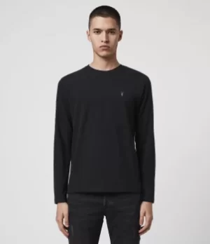 Image of AllSaints Mens Cotton Regular Fit Brace Long Sleeve Tonic Crew T-Shirt, Black, Size: L