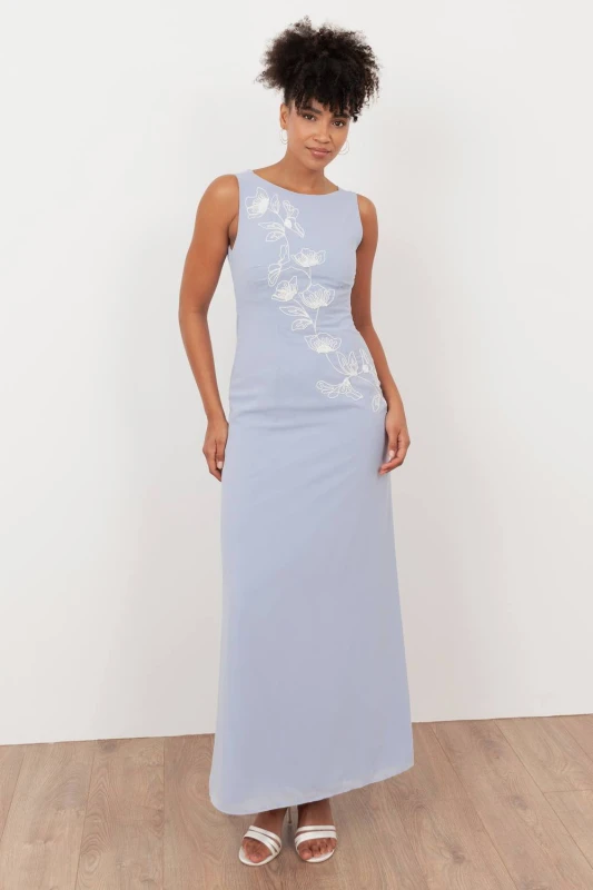 Image of Maya Deluxe Womens Floral Embroidery Cowl Back Maxi Dress in Light Blue Size: 8 Light Blue Female 8