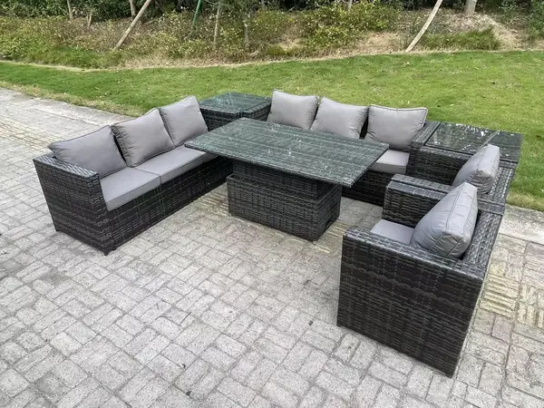 Image of Fimous 8 Seater Outdoor Dark Grey Rattan Lounge Complete Sofa Set with Adjustable Rising Lifting Dining Table and Armchairs