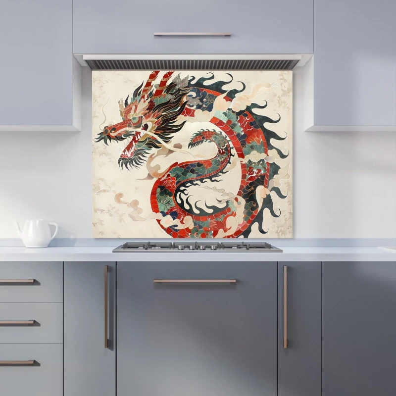 Image of Warren Reed - Designer Majestic Chinese Dragon Swirl Kitchen Splashback Size: 700mm x 650mm Multicolor Unisex 700mm x 650mm