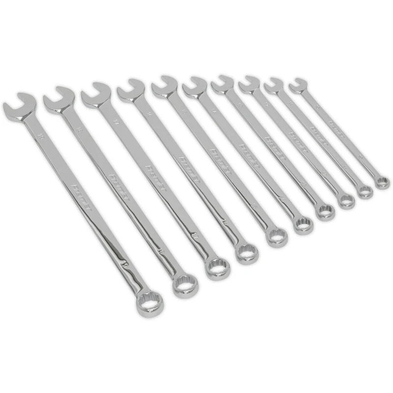 Image of Loops 10pc Extra Long Combination Hand Spanner Set - 10 to 19mm Metric 12 Point Socket Multi