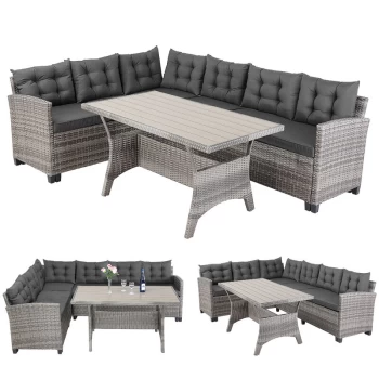 Image of Poly Rattan Corner Seat Table Bench Chair Set WPC Cushion Garden Lounge Patio Furniture Grey - Casaria