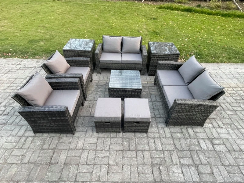 Image of Fimous Outdoor Garden Furniture Sets 9 Pieces Wicker Rattan Furniture Manual Wicker Patio Sofa Set with 2 Small Footstools in Dark Grey Dark Grey Unis
