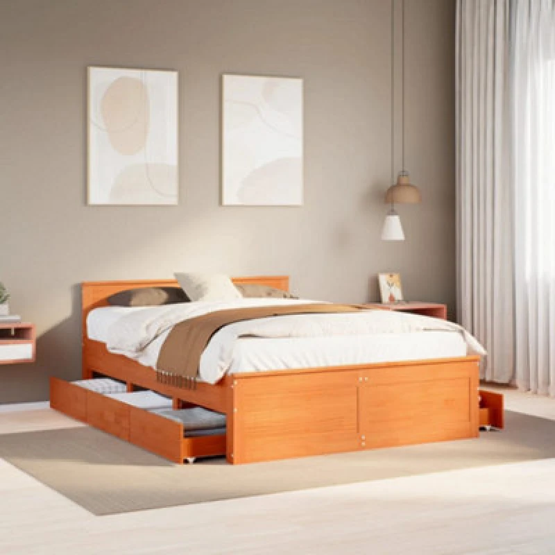 Image of Vidaxl Bed Frame Without Mattress With Headboard Wax Brown 140X200 Cm Solid Wood Pine