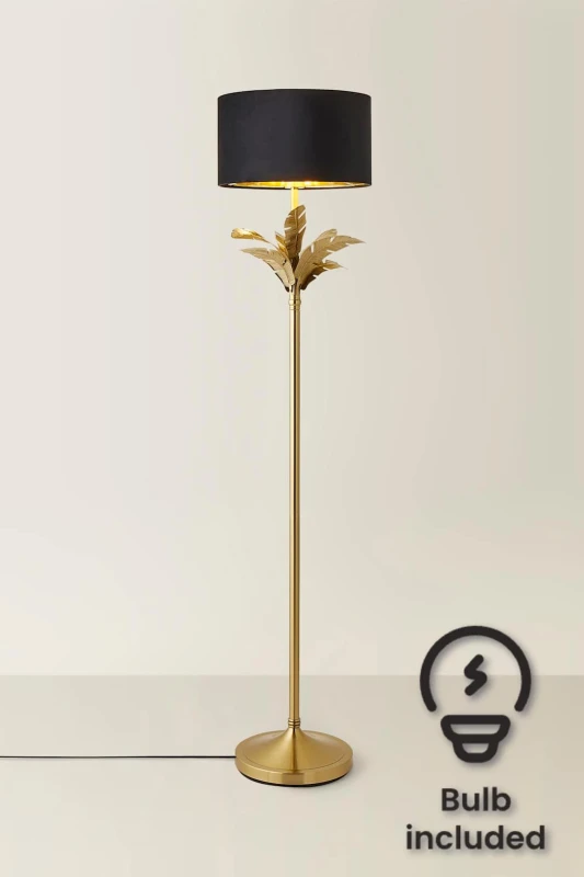 Image of ValueLights ValueLights Christina Velvet with Gold Inner Drum Shade Gold Palm Leaf Floor Lamp with Bulb in Black One Size Unisex 5059406067396