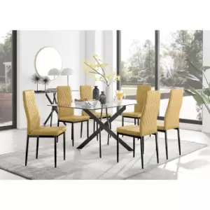 Image of Furniturebox Leonardo 6 Black Leg Glass Dining Table and 6 Mustard Milan Velvet Dining Chairs With Black Legs Diamond Stitch Modern Contemporary