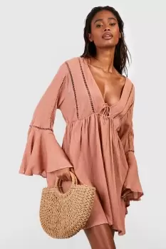 Image of Tie Detail Frill Sleeve Beach Mini Dress