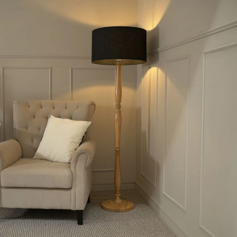 Image of ValueLights Victoria Light Wood Traditional Stem Floor Lamp with Fabric Drum Shade Black