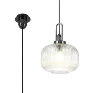 Image of Luminosa 1 Light Pendant E27 With 30cm Pumpkin Shaped Ribbed Glass, Clear Black Chrome, Matt Black