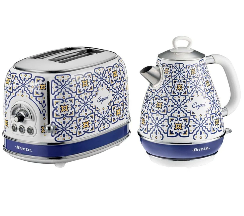 Image of ARIETE Capri ARPK53 2-Slice Toaster & Kettle Bundle - Blue & White, Patterned,Blue,White 5016368008911