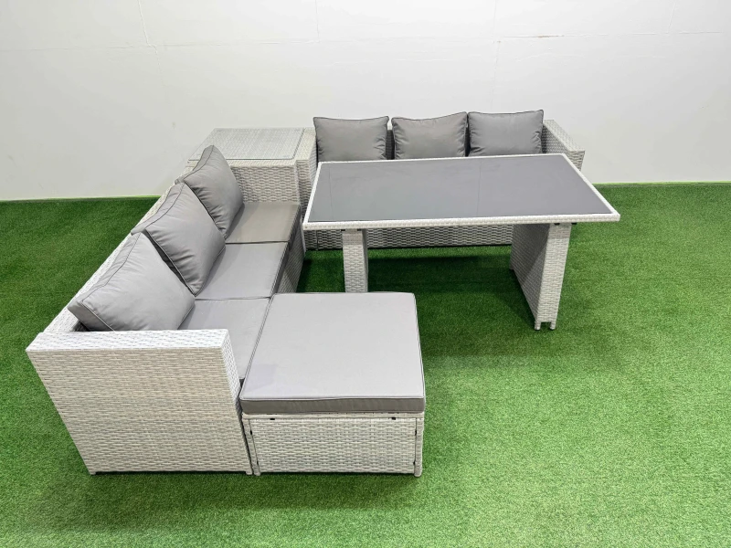 Image of Fimous 7-seater Patio Rectangular Table Sofa Set with Side Table Big Stool in Light Grey Light Grey Unisex