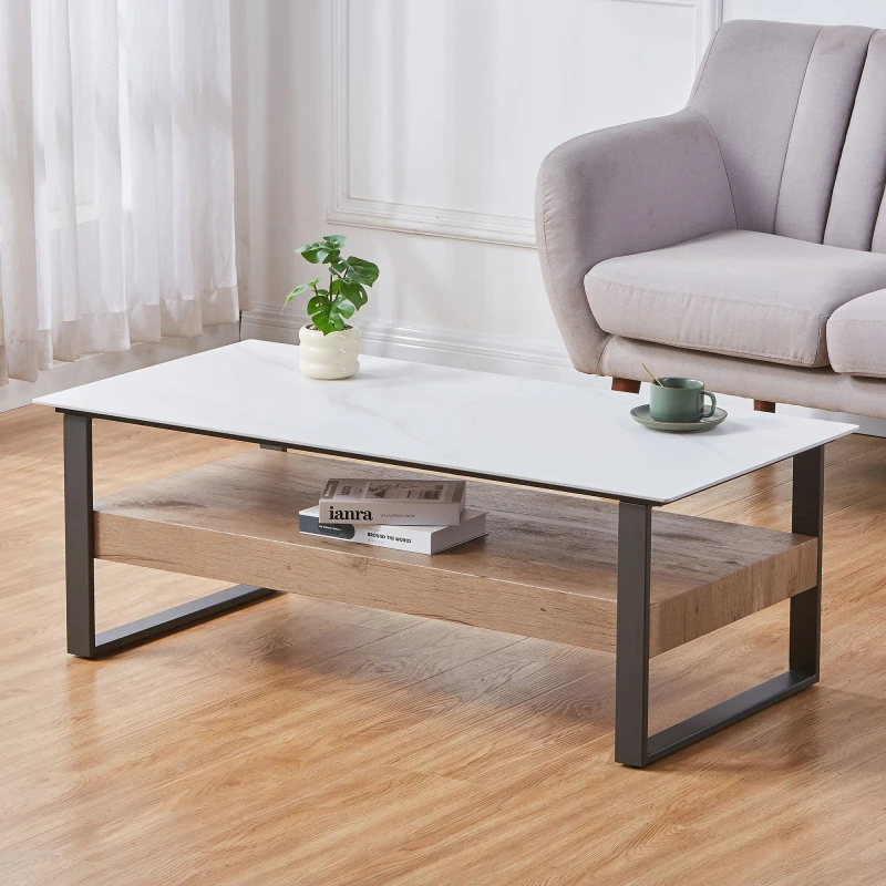 Image of Artemis Home Ascent Rectangular Stone Coffee Table with Shelf in Light Stone Light Stone Unisex