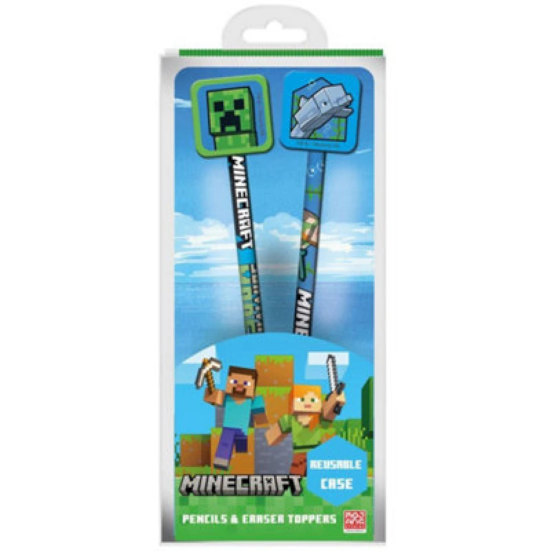 Image of Minecraft Minecraft Icon Pencil and Topper Pack of 2 in Light Blue Light Blue One Size Unisex 5063527936509