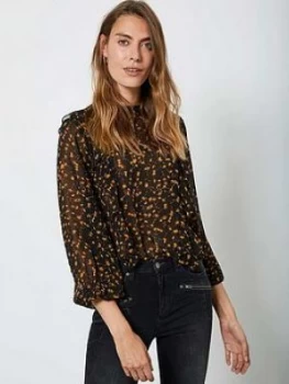 Image of Mint Velvet Miley Print Ruffle Blouson Top - Black