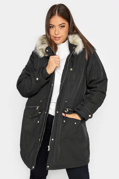 Image of Yours Faux Fur Trim Hooded Parka Coat Black