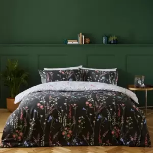 Image of Floral Trail Botanical Print Reversible Duvet Cover Set, Black, Single - Furn
