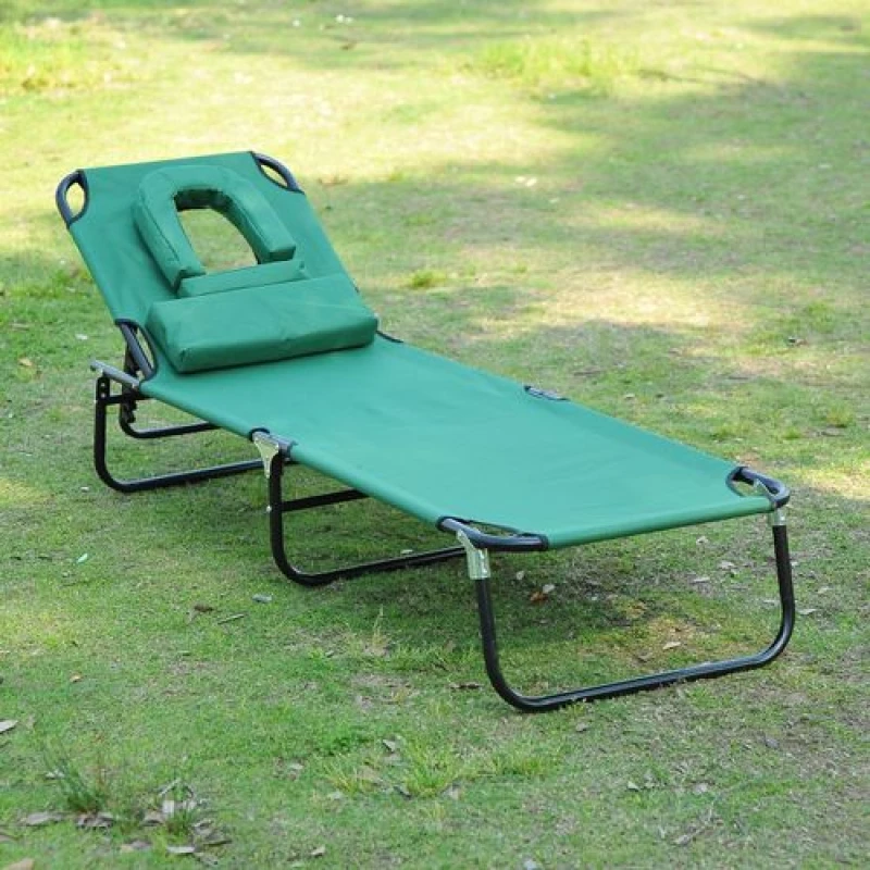Image of Outsunny Outsunny Folding Sun Lounger Reclining Chair w/ Pillow Reading Hole Dark Green 5056725390242