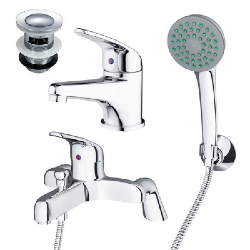 Image of NES HOME Dame Bathroom Basin Mono Mixer Tap, Bath Shower Mixer Tap & Waste Chrome 5002+5001+WST
