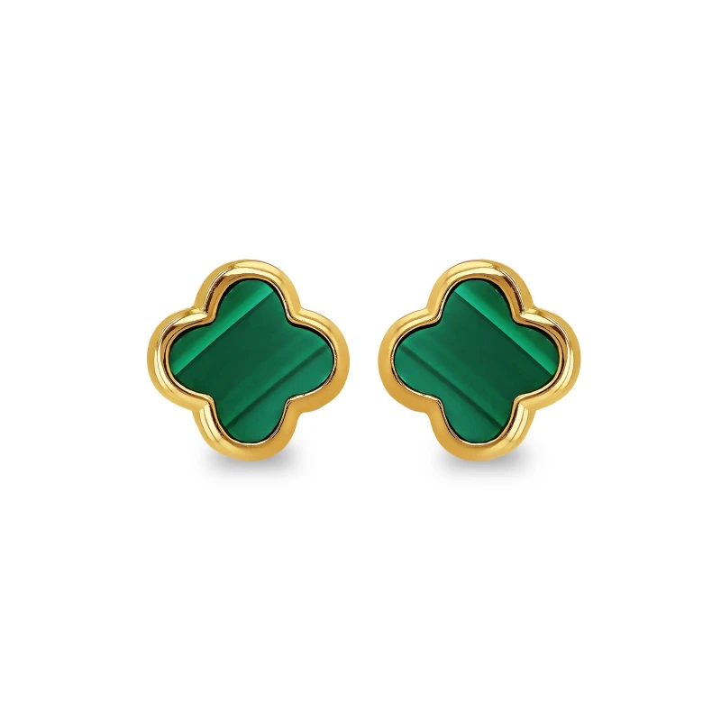 Image of Be You Sterling Silver Gold Plated Clover Malachite Studs Yellow Gold Pla female One Size