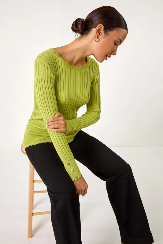 Image of Roman Button Detail Ribbed Longline Jumper Green