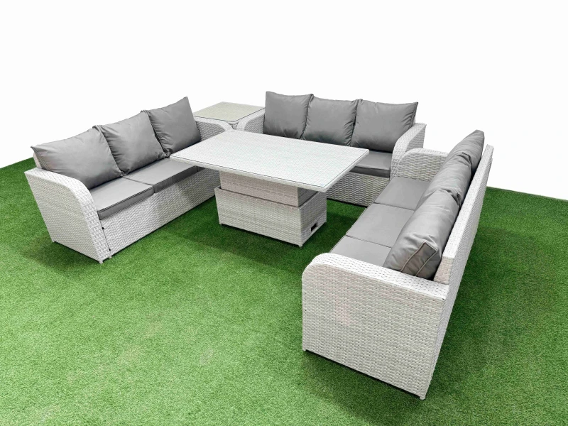 Image of Fimous PE Rattan Lounge Sofa Set 9 Seater Outdoor Garden Furniture Set with Adjustable Lifting Dining or Coffee Table 3 Seater Sofa Side Table Light G